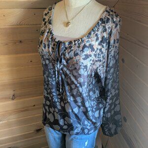 Johnny Was Navy Blue Ombre Leaf Print Silk Blouse